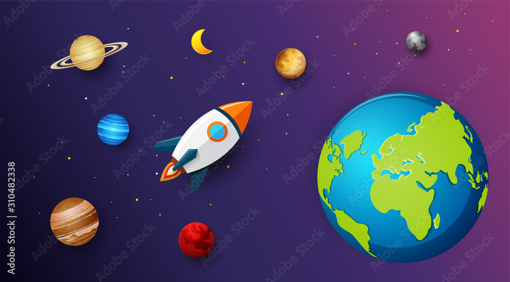 Planet collection with space rocket