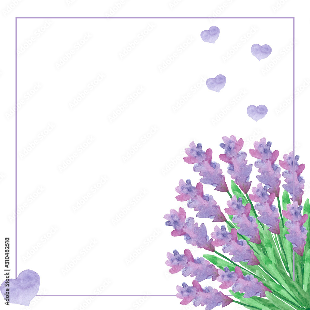 Obraz premium Watercolor nature floral squared border frame with purple and lilac lavender flowers bouquet, green leaves and branches with hearts for invitations and greeting cards with the space for text