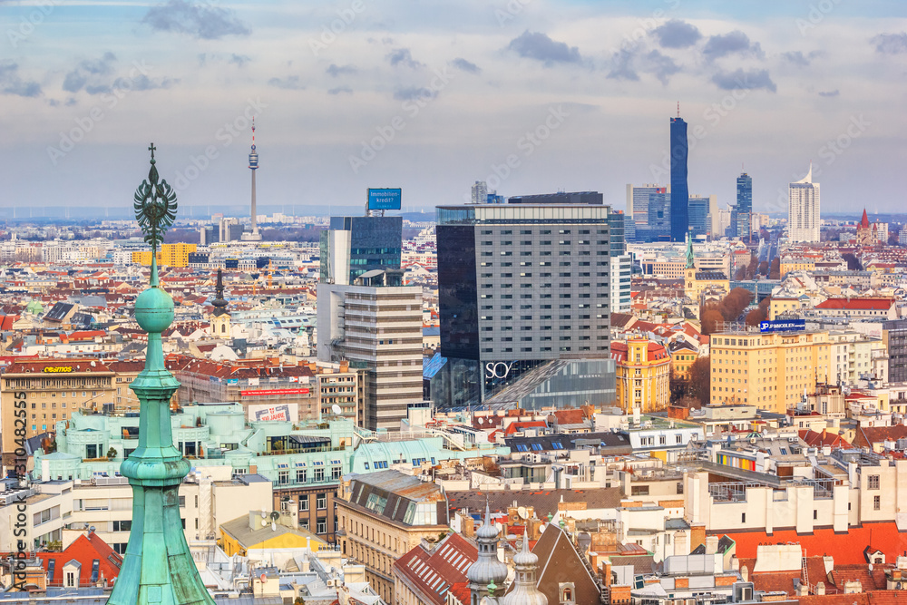 Naklejka premium Cityscape - top view of the city of Vienna from the south tower of St. Stephen's Cathedral, Austria