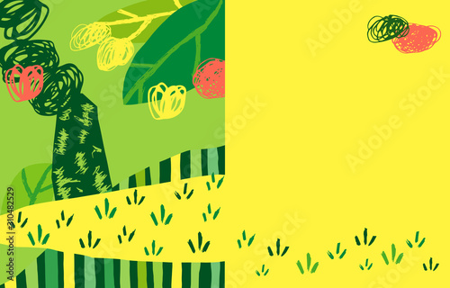 Modern collage with place for text. Tree, leaves, stripes, abstract patterns and geometric forms. Copy space on the right, Horizontal vector illustration.