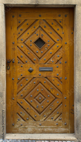 Wooden door with forged elements in high resolution