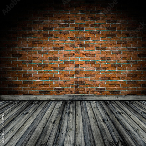 Brown bricks wall with lighting and dark hardwood floor interior design home decoration.