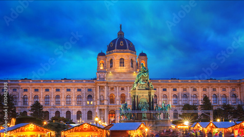 Festive cityscape - view of the Christmas Village on Maria-Theresien-Platz in the city of Vienna, Austria