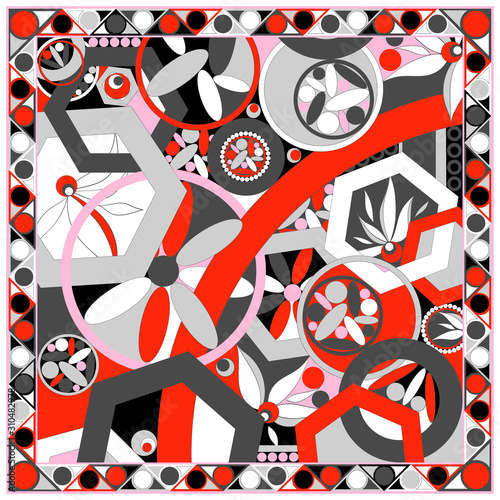 Geometric retro print. Silk scarf for textile fabric. Engineered spiral motif border detailing.