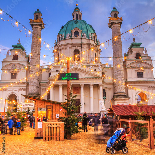 Photography Festive cityscape - view of the Christmas Market on Karlsplatz (Charles' Square) and the Karlskirche (St