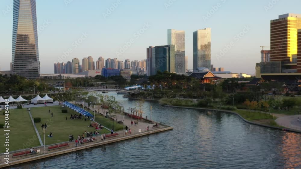 Incheon, South Korea 12 October 2019: 4K Aerial Drone Footage View of Central Park in Songdo.. Incheon, South Korea 12 October 2019: 4K Aerial Drone Footage View of Central Park in Songdo..