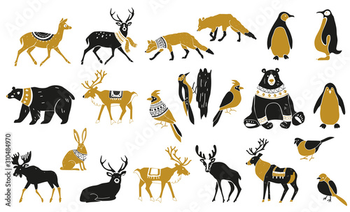 Set of winter animals silhouettes. Set of Christmas Scandinavian elements. Nordic retro design. Isolated vector illustration objects. Forest wild animals and birds. Vector hand drawn illustration.