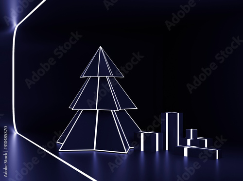 Futuristic new year scene with neon light figures 2020 with and christmas tree. 3d render