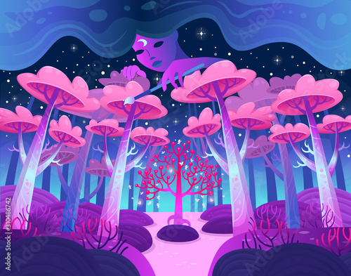 A gaming background, nature landscape. Night forest with magical trees and a lake. Portrait of a magic girl. She is painting, her hair is clouds. Cartoon style vector. 
