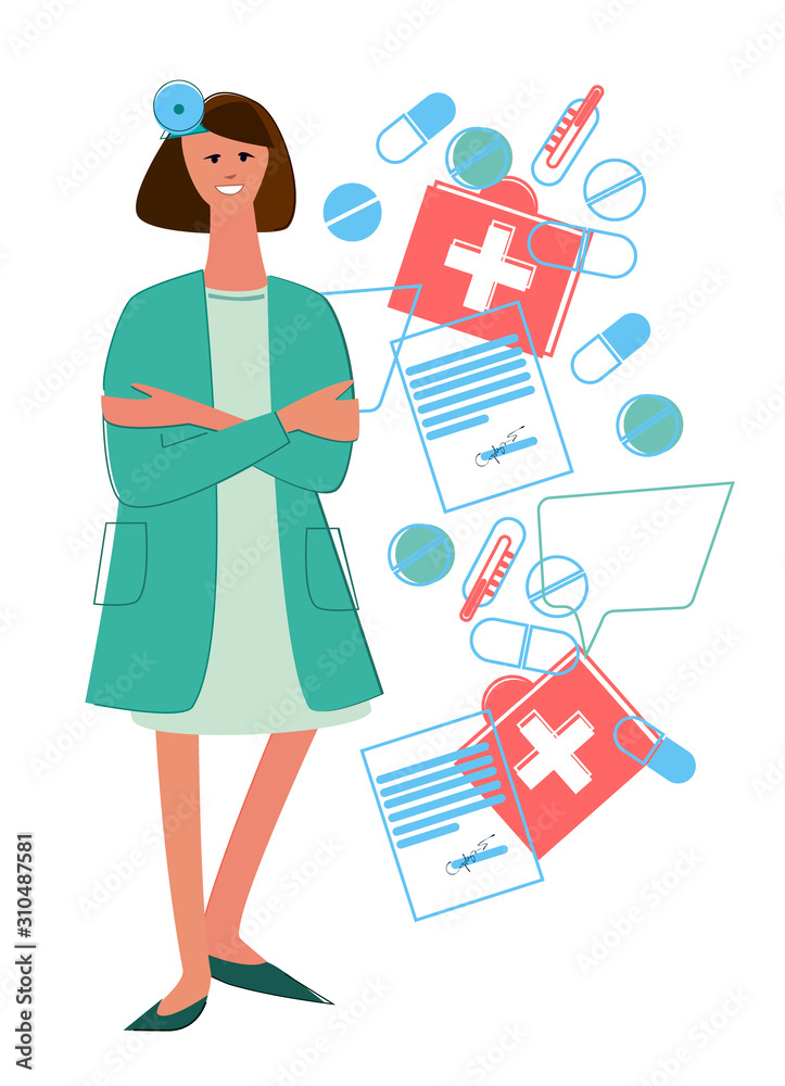 Female doctor with forehead mirror and collage of medicines, medical prescriptions and thermometers. Primary care, therapeutic concept. Isolated on white background Female doctor with forehead mirror and collage of medicines, medical prescriptions and thermometers. Primary care, therapeutic concept. Isolated on white background