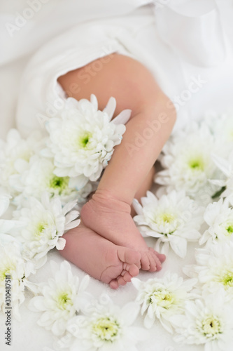 Newborn baby with white flowers. Tiny cute legs