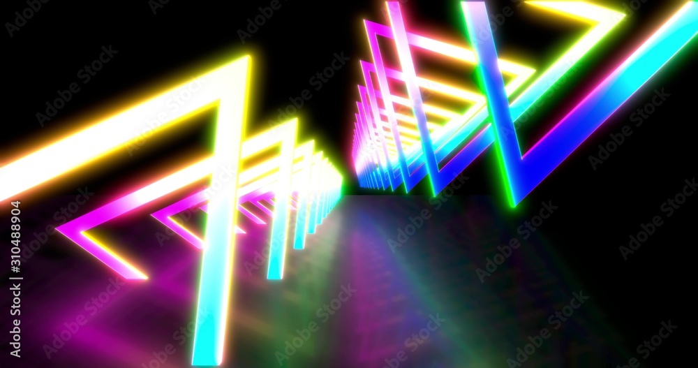 Glowing neon color triangle tunnel. Laser show background. ultraviolet blue purple color spectrum . 3D rendering Glowing neon color triangle tunnel. Laser show background. ultraviolet blue purple color spectrum . 3D rendering