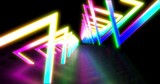 Glowing neon color triangle tunnel. Laser show background. ultraviolet blue purple color spectrum . 3D rendering