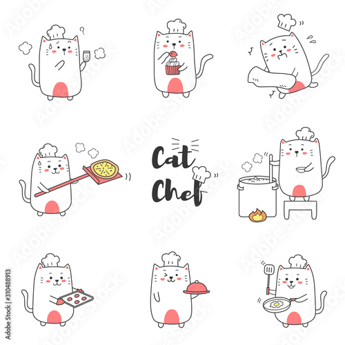 cute cat chef cooking pizza cookie cake strawberry egg fired cartoon hand drawn for kid doodle and kawaii. collection set