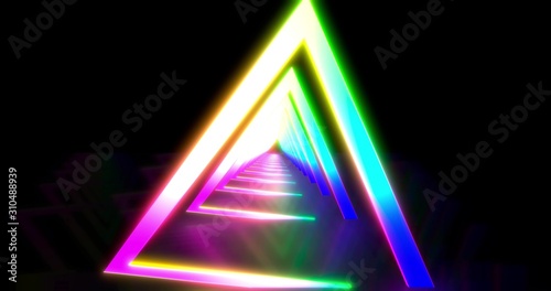 Glowing neon color triangle tunnel. Laser show background. ultraviolet blue purple color spectrum . 3D rendering