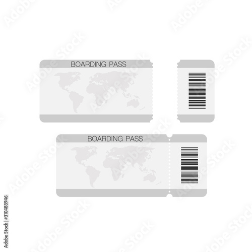 Boarding pass, ticket for plane traveling isolated icons vector. Tourism, travel destination, flight and passenger information blank. Airline and travel agency, barcode scan, airplane board