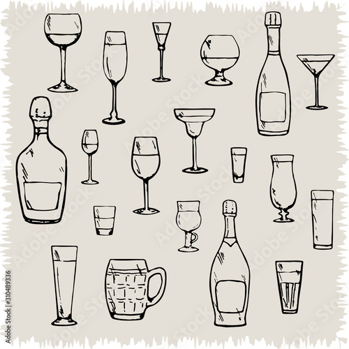 Set of bar dishes on a beige background. Vector illustration of wine bottles, glass goblets, glasses, wineglasses, mugs for alcoholic drinks and cocktails. Hand drawn restaurant equipment silhouettes.