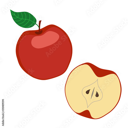 Red apple and half. Vector illustration