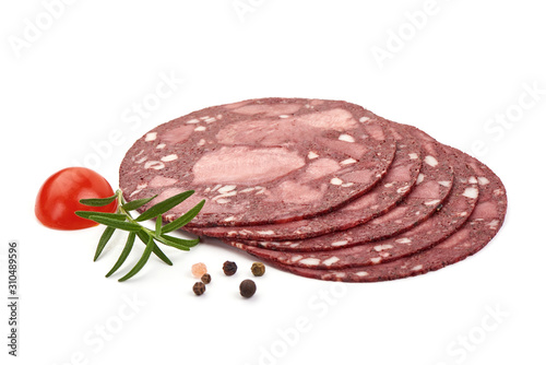 Canvas Print Homemade blood sausage slices, german cuisine, isolated on white background