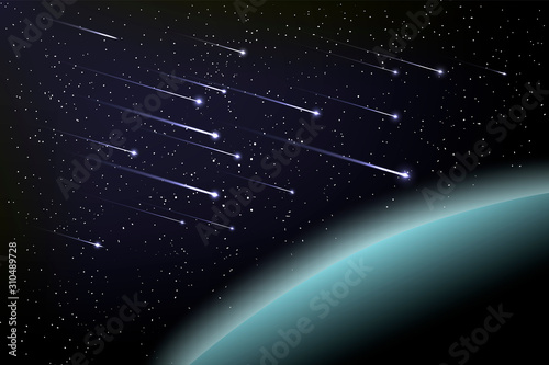 Star rain and planet earth in the night sky. Vector illustration of a falling stars on the black background. Meteor shower in space. Many flying meteorites among the galaxy