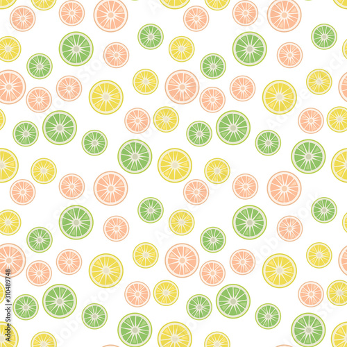 Seamless vector pattern with multicolored light green, pink and yellow round citrus fruits isolated on a white background.