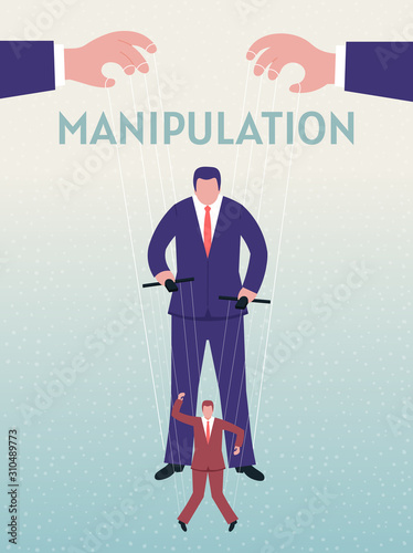 Manipulation. Puppet Master is controlling people with strings. Vector illustration.