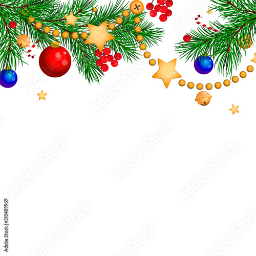 Christmas decoration, frame vector illustration. drawing of fir branches with balls and garlands, bells, candy canes