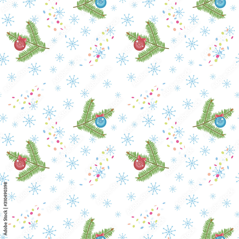 Seamless vector pattern with fir branches with red Christmas balls, snowflakes and confetti on a white background. Seamless vector pattern with fir branches with red Christmas balls, snowflakes and confetti on a white background.
