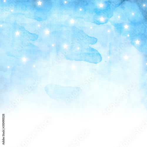 Beautiful cute watercolor blue sky with twinkling stars background