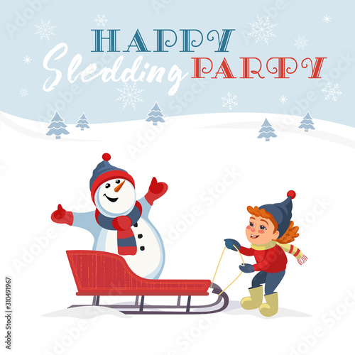 Happy sledding party invitation vector template photo