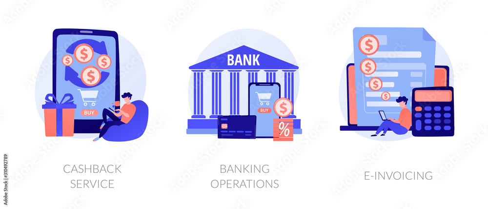 E banking icons set. Return on investment, financial services, internet tax payment. Cashback service, banking operations, e-invoicing metaphors. Vector isolated concept metaphor illustrations - obrazy, fototapety, plakaty 