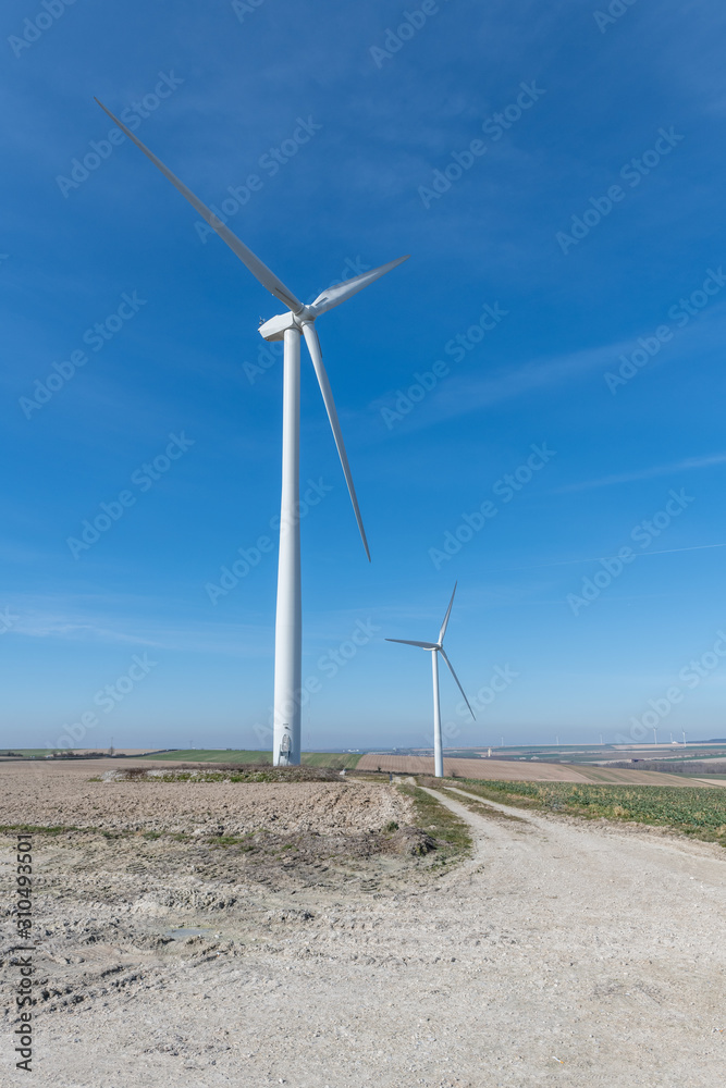 Wind turbines.Wind turbines generating electricity with blue sky energy conservation concept.