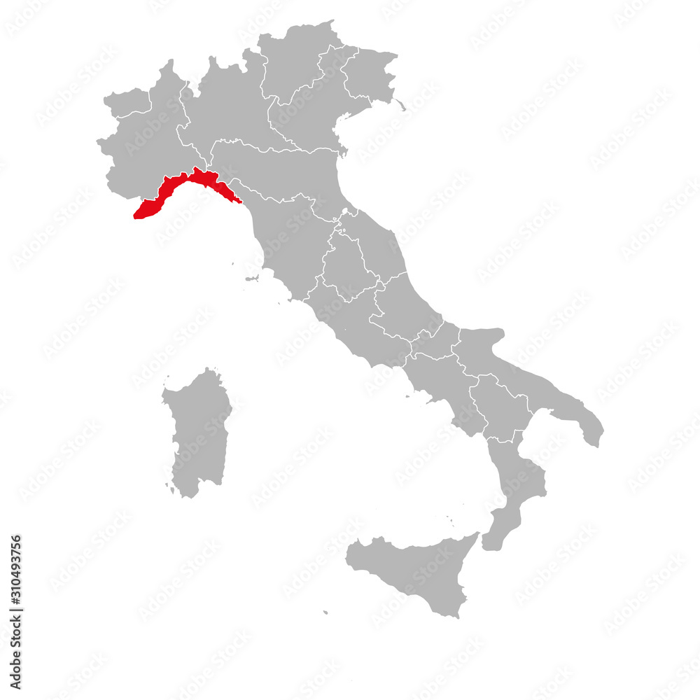 Liguria italy marked red on italy map. Gray background. Italian political map.