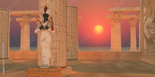 Osiris God Statue - The Egyptian god of resurrection and the afterlife Osiris stands as a statue in a temple in the desert. photo