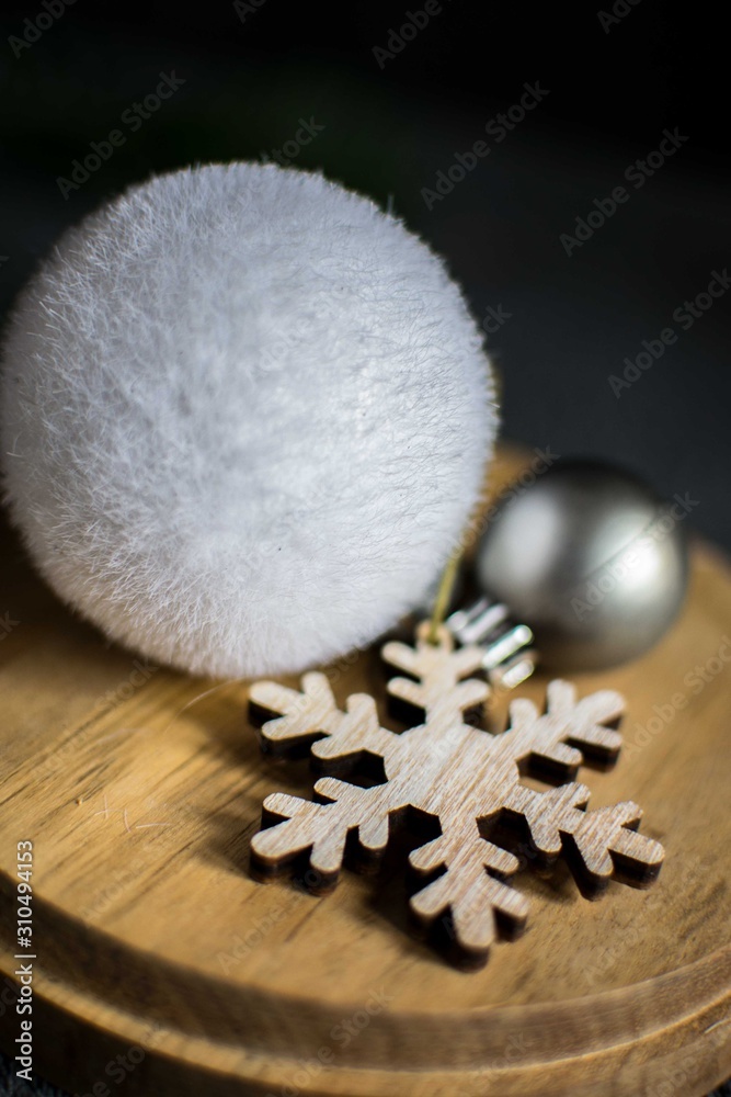 christmas ornaments on a wood table