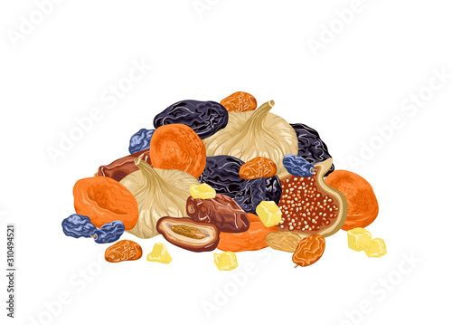 Mix of dried fruits isolated on white background. Pile of dried dates, figs, raisins, prunes and dried apricots. Vector illustration of organic healthy food, natural sweets in cartoon flat style.