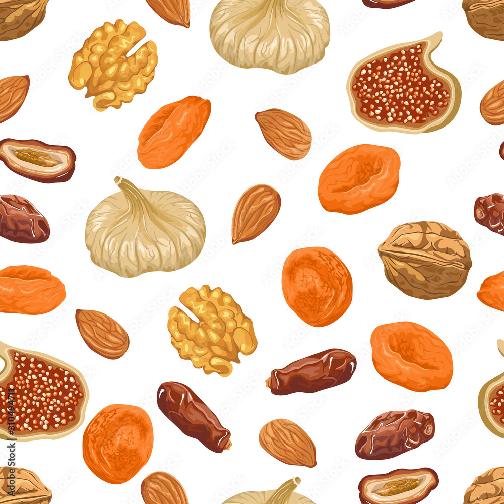 Dried fruits and nuts seamless pattern on white background. Vector  illustration of figs, walnuts, dried apricots, almonds, dates in cartoon  flat style. Natural sweets, organic food. Stock Vector | Adobe Stock