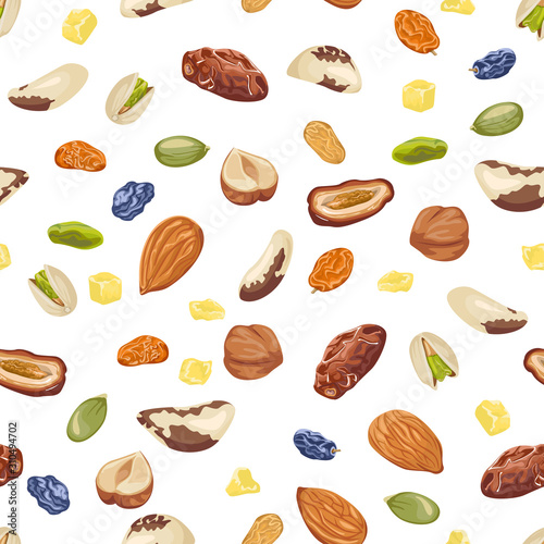 Seamless pattern with mix of dried fruits, nuts and seeds on a white background. Vector illustration of pistachios, Brazil nut, dates, pumpkin seeds, raisins and hazelnuts in cartoon flat style.