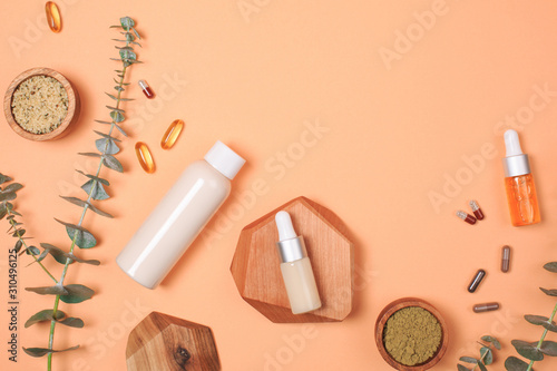 Modern apothecary concept. Herbs, collagen and essential oils in still life compositions