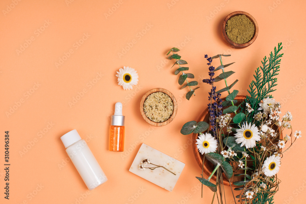 Modern apothecary concept. Herbs, collagen and essential oils in still life compositions Modern apothecary concept. Herbs, collagen and essential oils in still life compositions