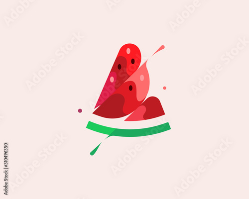 A piece of watermelon vector colorful modern minimal style illustration. Creative icon logo splash concept explosion with drops. Fresh berry fruit vector logo emblem symbol logotype.