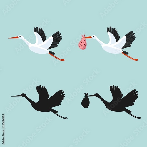 Stork set flying and carrying a bundle. Symbol for baby shower, news, delivery, pregnancy.
