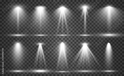 Searchlight collection for stage lighting, light transparent effects. Bright beautiful lighting with spotlights.