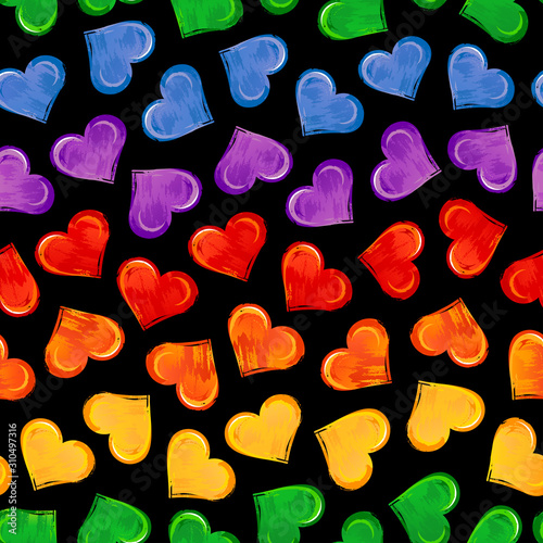 Bright seamless pattern with colorful hearts on black background. LGBT pride symbols.