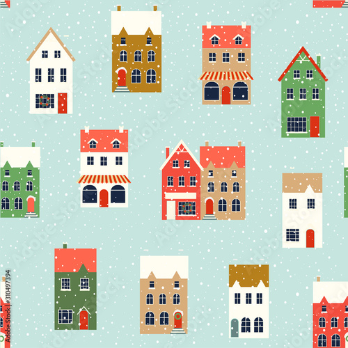 Winter houses. Christmas fabrics and decor. Seamless pattern.
