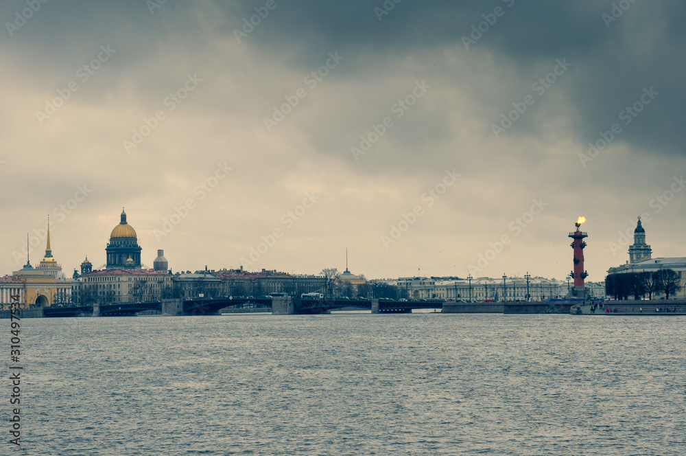 panorama of Arrow of Vasilievsky island at Christmas, New year holidays in Russia, cityscape with gray sky of St. Petersburg panorama of Arrow of Vasilievsky island at Christmas, New year holidays in Russia, cityscape with gray sky of St. Petersburg