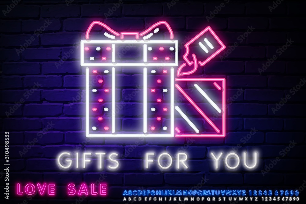 Several gift boxes neon sign. Holiday advertisement design. Gift neon sign, Win super prize design template, modern trend design, night neon signboard, night bright advertising, light banner
