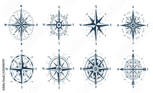 Set of wind rose compass, direction arrows