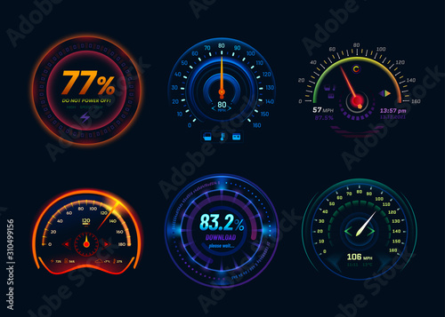 Speedometer neon LED light gauge arrows, indicators photo