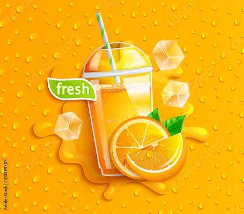 Fresh orange juice with ice and fruits, splash and apteitic drops from condensation on background, for brand,logo, template,label,emblem,store,packaging,advertising.Vector illustration.